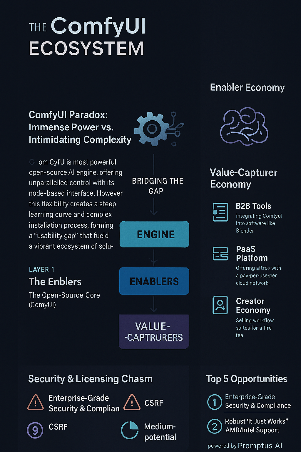 ComfyUI ecosystem layers infographic showing tiers of installers, enablers, value, risks, and outlook